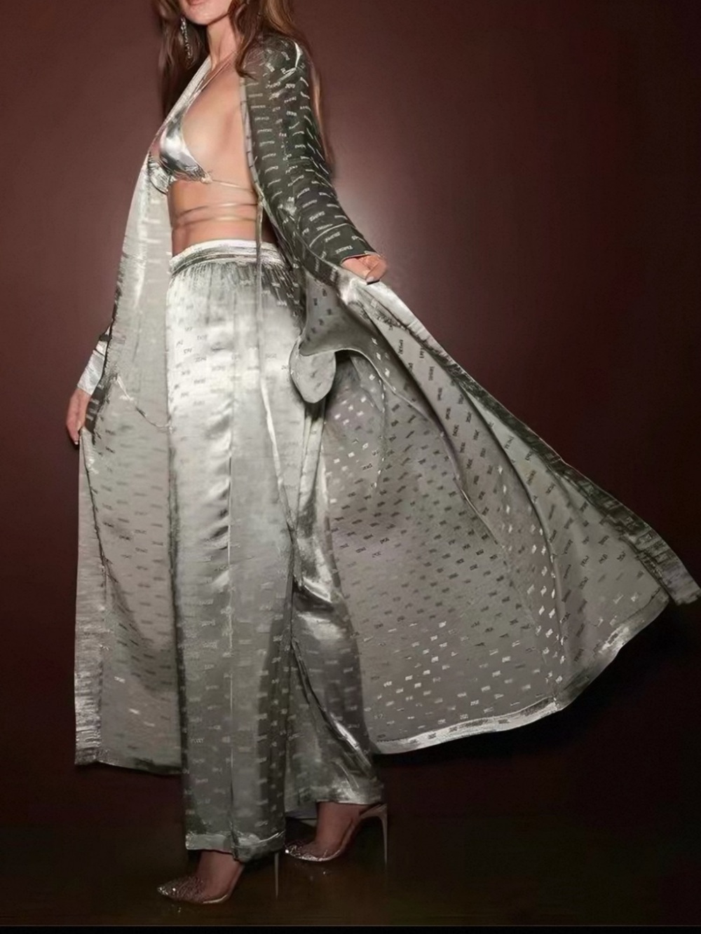 SKIMS NWOT Silver Satin Jacquard Longline Logo Robe With Belt